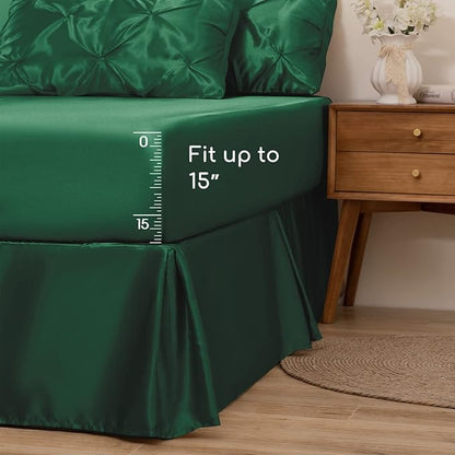 MR&HM Satin Comforter Twin XL 5 Pieces - Luxurious Pinch Pleat Bedding Set with Comforter, Flat Sheet, Fitted Sheet, Pillowcase & Sham, Super Silky Soft Bed Set for All Season (Twin XL, Dark Green)