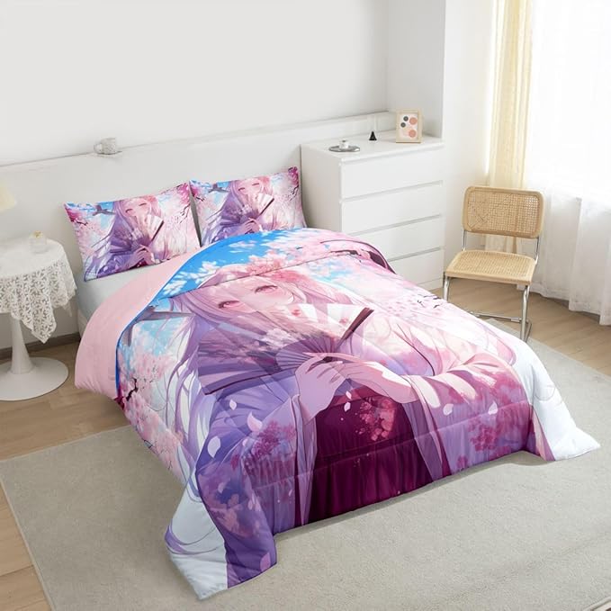 Erosebridal Japanese Style Girl Comforter Set, Cartoon Anime Girl Bedding Japanese Cherry Blossoms Bed Comforter Set, Romance Room Decor, Cartoon Kawaii Girly Bedding Sets Queen Size 3 Pieces