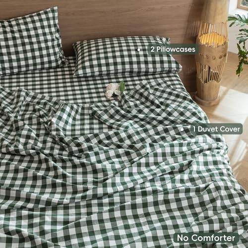 MooMee Gingham Duvet Cover Set 100% Washed Cotton Linen Like