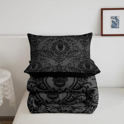 Feelyou Adults Black Vintage Damask Floral Comforter Set Oriental Antique Comforter Twin Size Gothic Bohemia Boho Bedding Set Exotic Sugar Skull Duvet Set Quilt Set 2Pcs
