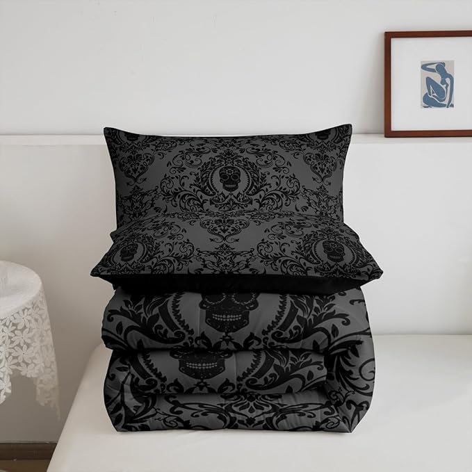 Feelyou Adults Black Vintage Damask Floral Comforter Set Oriental Antique Comforter Full Size Gothic Bohemia Boho Bedding Set Exotic Sugar Skull Duvet Set Quilt Set 3Pcs