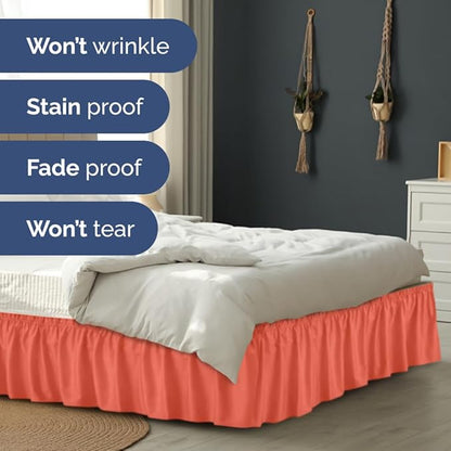 Wrap Around Dust Ruffle Bed Skirt - Coral - for Full Size Beds with 18 Inch Drop - Easy Fit Elastic Strap - Adjustable Pleated Bedskirt w/Brushed Fabric - Wrinkle Free - for Women, Men, Kids & Teens