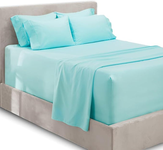 Hearth & Harbor Extra Deep Pocket Sheets - Fits Mattress 18-24 Inches Deep - Extra Deep Pocket Split King Size Sets - 7 Piece Split King Size - Aqua Blue
