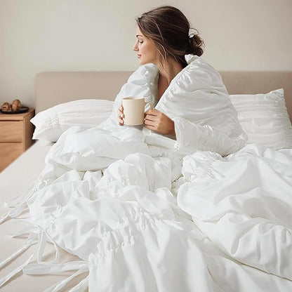 Intelligent Design Queen Comforter Set Ruched Shabby Chic Comforters for Queen Size Bed, All Season Lightweight Comforter Queen French Country Bedding Set, Shams, Ella, Full/Queen, White, 3 Piece