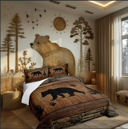 Rustic Bear Comforter Set Twin Size,Wild Animal Hunting Bedding Set 2pcs,Farmhouse Cabin Vintage Woodland Wildlife Down Comforter for All Season,Kids Boys Teens Room Decor,1 Pillowcase,No Sheets