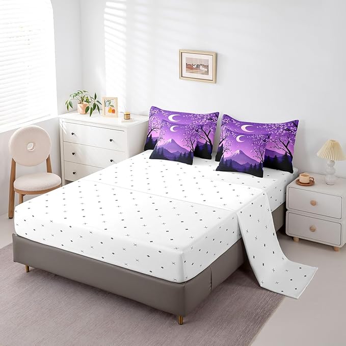 jejeloiu Japanese Purple Bedding Set 7Pcs Full Size Kids Mount Fuji Comforter Set with Sheets for Boys Girls Cherry Blossom Bed in a Bag Soft Lightweight,Microfiber