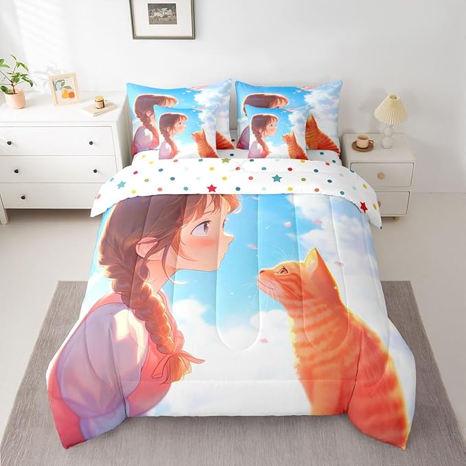 Erosebridal Japanese Anime Kids Bed in A Bag Cute Cartoon Girl Bedding Set Black Cat Animal King Comforter Set 7 Piece Romantic Aesthetic Girly Sheet Set with Comforter