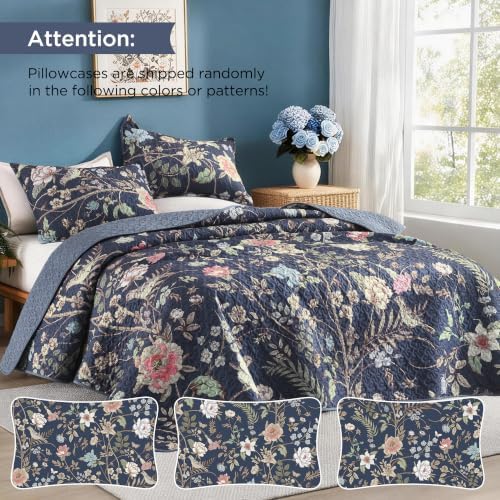 Litanika Floral Ocean Blue Quilt - 3Pcs Botanical Birds Bedding Set
