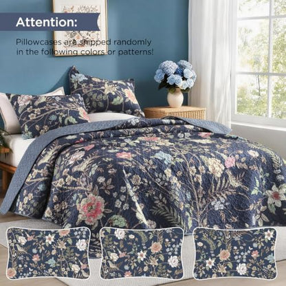 Litanika Floral Ocean Blue Quilt - 3Pcs Botanical Birds Pattren Bed Set