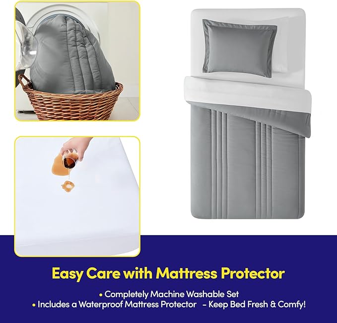 Twin Size Comforter Set Quilted Stripe Bedding Bundle – Comforter, Mattress Protector, Sheets with Pockets on the Side & Built-in Corner Strap – Fitted Sheet Media Pocket for Devices, Gray/Silver