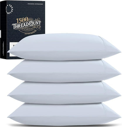 TEXAS LINEN CO. 100% Egyptian Cotton Standard/Queen Size Pillow Cases Set of 4 - Luxury 1500 Thread Count Cotton Pillowcases (2 Pair, Light Blue), Cooling & Breathable, Sateen Weave Pillow Covers