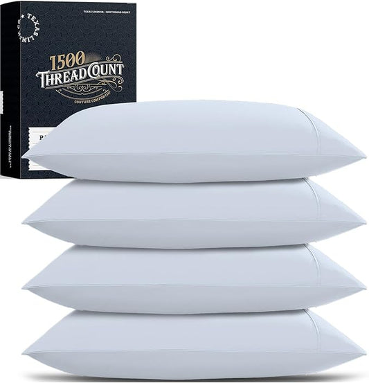 TEXAS LINEN CO. 100% Egyptian Cotton Standard/Queen Size Pillow Cases Set of 4 - Luxury 1500 Thread Count Cotton Pillowcases (2 Pair, Light Blue), Cooling & Breathable, Sateen Weave Pillow Covers