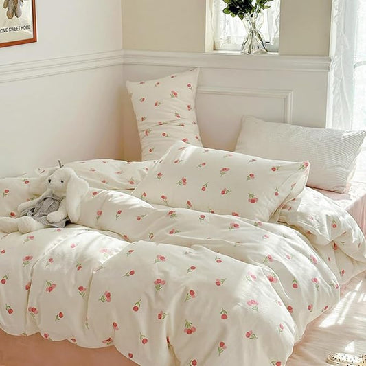 Nayoroom Pink Floral Comforter Set Twin Size Coquette Tulip Printed on White Comforter 2 Pcs Kids Girls Soft Lightweight Cute Bedding Set for All Seasons (1 Comforter, 2 Pillow Shams)