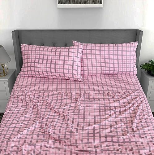 RUVANTI Flannel Sheets Set King Size, Check & Bolt Pink