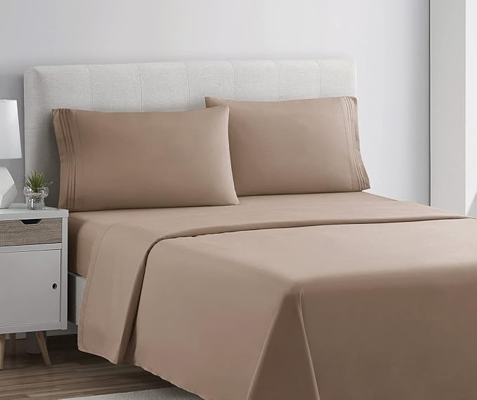 Clara Clark Bed Sheets, Premier 1800 Series 4 Piece Bed Sheet Set, Deep Pocket, Wrinkle, Fade, Stain Resistant, Luxury Soft Bedding Sheets & Pillowcases, Full, Taupe Sand