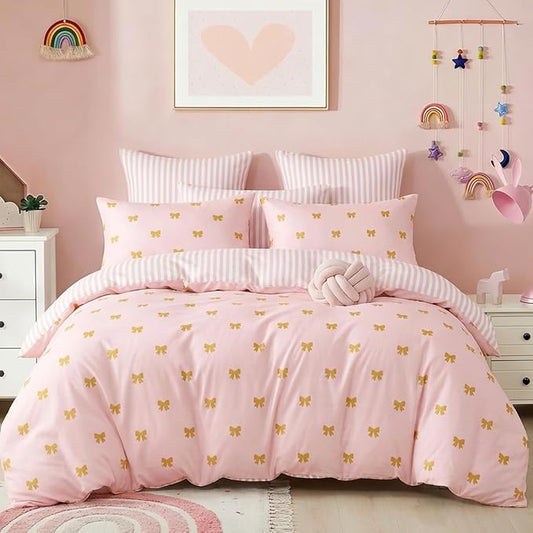Pink Comforter Set Full Gold Bow Bedding Set for Girls Kids, Reversible Pink White Wide Striped Pattern, Coquette Comforter 3 Pieces, with 2 Pillowcases, Soft 100% Microfiber