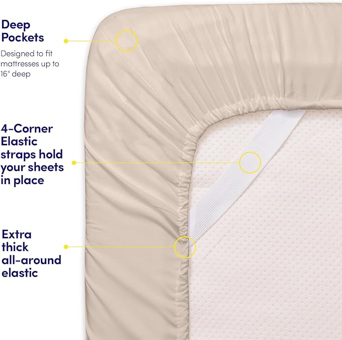 Supreme Collection Twin Sheet Set - 3 Piece Set, Beige Cream, Extra Soft, Elastic Corner Straps, Deep Pocket Sheets
