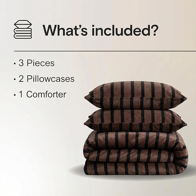Bedbay Fleece King Comforter Set Brown Striped Bedding Set 3 Pcs Luxury Shaggy Velvet Comforter Set Soft Warm Fluffy Flannel Bedding Brown and Black Stripes King Bed Set for All Seasons