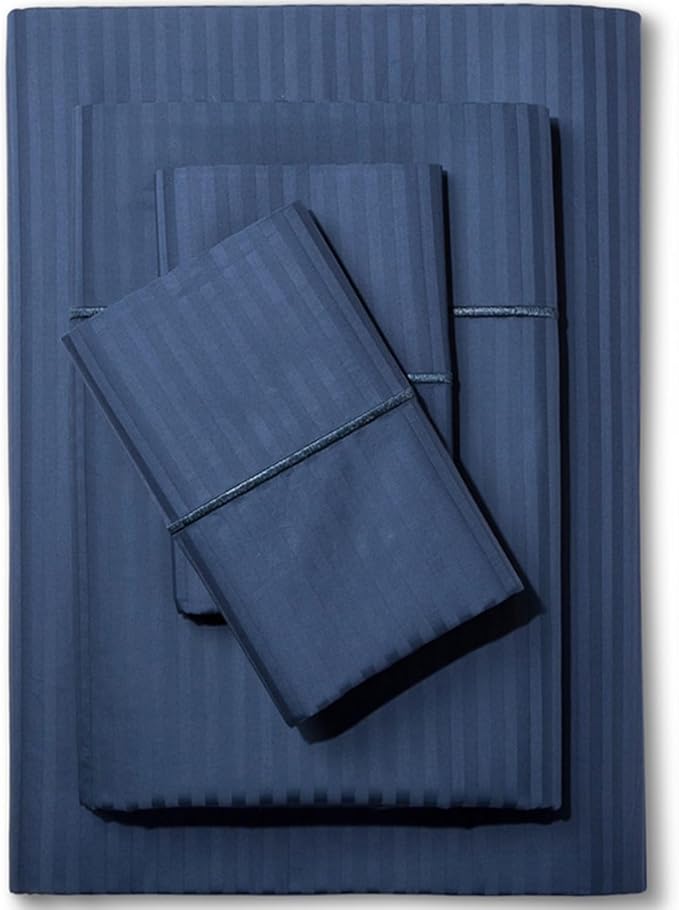 Feather & Stitch 500 TC Full Size Damask Bed Sheet Set, 100% Cotton Soft Breathable Bedsheets, 4 Piece 18" Deep Pockets Sateen Weave Striped Bedding Mattress Resort Hotel Luxury - (Dark Blue Stripe)