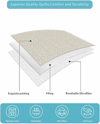 Twin Quilt Bedding Set, Retro Blue Lightweight Summer Quilt 3 Pieces Bedding Sets, Farmhouse Buffalo Plaid Vintage Beige Reversible Soft Bedspreads Coverlets with 2 Pillow Shams for All Season