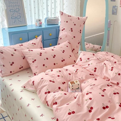 Nayoroom Duvet Cover Queen Size - Reversible Pink Bow Red Cherry Patterned Duvet Cover, 3 Pieces Soft Lightweight Microfiber Kids Girls Cute Aesthetic Dorm Bedding Set