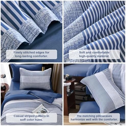 Cottolester Twin Size Comforter Navy Blue Striped Comforters for Boys&Girls,5 Pieces Bed in A Bag Simple Neutral-Style Bedding Sets for Kids Teen