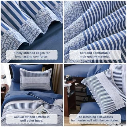 Cottolester Twin Size Comforter Navy Blue Striped Comforters for Boys&Girls,5 Pieces Bed in A Bag Simple Neutral-Style Bedding Sets for Kids Teen