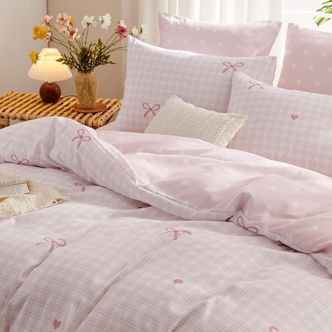 Pink Queen Comforter Set - Pink Bow Comforter Set Queen Size, Heart Quilt Bedding Set 3 Pieces, Soft & Lightweight Comforter(90‘’ x 90‘’) for Girl All Season & 2 Pillowcases(30‘’x20‘’)