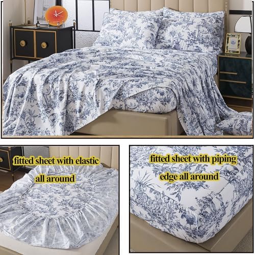 FADFAY Toile Sheet Set Queen Classic Blue & White 100% Egyptian Cotton French Country Bedding Toile de Jouy Pastoral Scenic Farmhouse Bedding Deep Pocket Sheets Breathable Soft for All Seasons 4Pcs