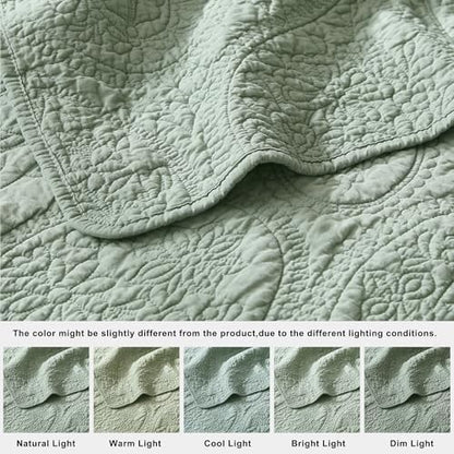 PALASSIO Sage Green Paisley 100% Cotton Quilt King Size Bedding Sets with 2 Pillow Shams, Boho Floral Lightweight Farmhouse Country Vintage Soft Bedspread Shabby Chic Coverlet for All Season, 3 Pieces