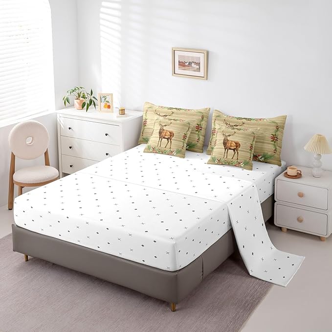 Elk Deer Bed in a Bag King Size Comforter Set 7 Pieces,Woodland Animals Bedding Sets Botanical Pinecone Sheet Set with Comforter