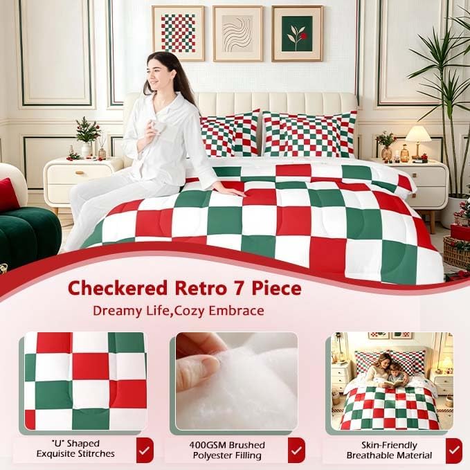 Feelyou Checkered Christmas Comforter Set with Sheets 7 Piece King Size Red Green Plaid Bedding Set for Kids Boys Girls Geometric Vintage Bed in a Bag Modern Simple Groovy Aesthetic Room Decor Soft