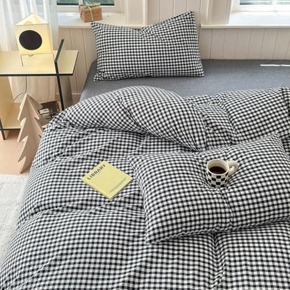 LifeTB Black Gingham Comforter Set King Geometric Checkered Plaid Comforter Set 3 Pieces Boho Grid Comforter with 2 Pillowcases Fluffy Soft Checkered Pattern Lightweight Gingham Bedding Set King