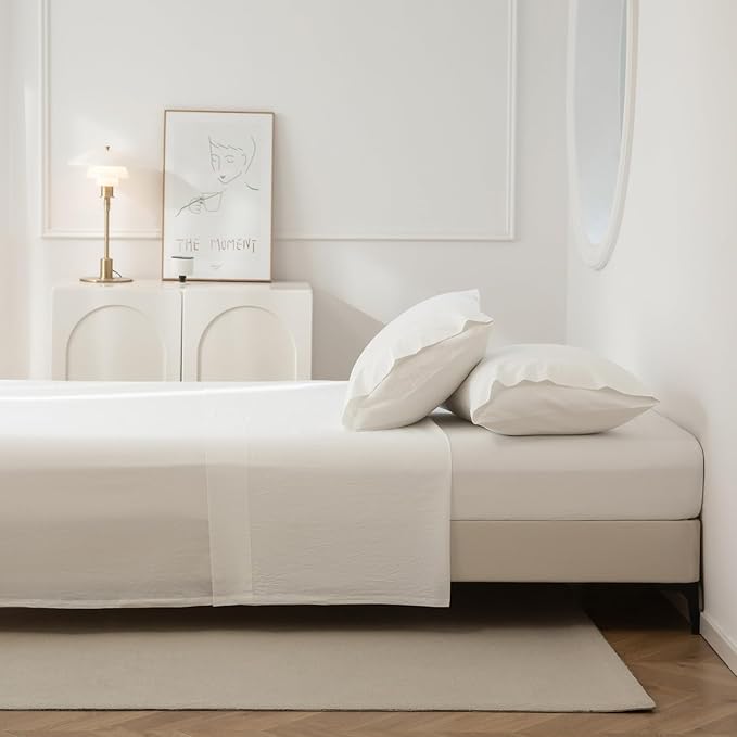 JIYUAN California King Size Sheet Set, 4-Piece - 100% Washed Cotton, Linen-Like Soft & Breathable, Includes Deep Pocket Fitted & Flat Sheet with 2 Pillowcases, Hotel Quality, Solid Off White