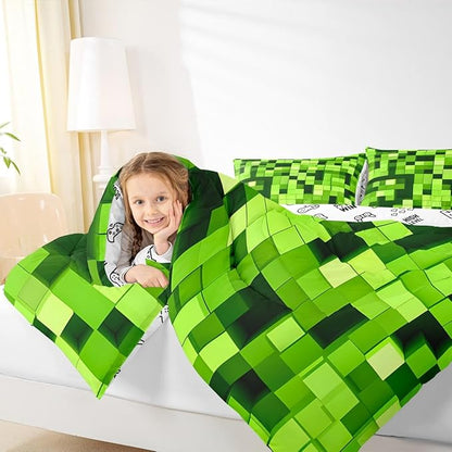 Pixelated Miners Game Kids Comforter Set Full Size,Video Games Gamepad Gaming Bedding Set,Girls Boys Room Decor,Geometric Square Quilt Comforter,Light Green Duvet Set Bedroom Quilt Set,2 Pillowcases