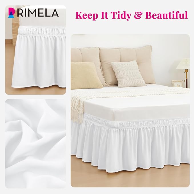 RIMELA Bed Skirt King Size Bright White 15 Inch Drop, Wrap Around Elastic Bedskirt, Dust Ruffle for Adjustable Bed Base Soft Durable Fabric Machine Washable Easy to Install Bed Skirts