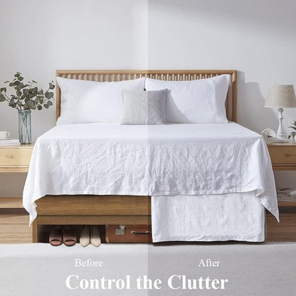 Simple&Opulence Belgian Linen Bed Skirt with Classic 14 inch Tailored Drop Dust Ruffle, Easy Fit Breathable Premium Natural Flax- Basic White, Queen