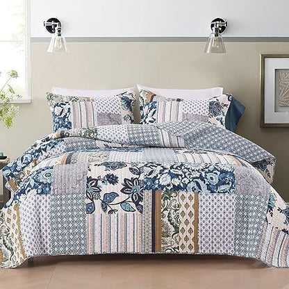 Yvooxny Queen Quilt Set Reversible Quilted Bedspread 3-Piece Lightweight Floral Real Patchwork Coverlet Bedding Set with Pillowcases for All Seasons, 98 * 90 Inches