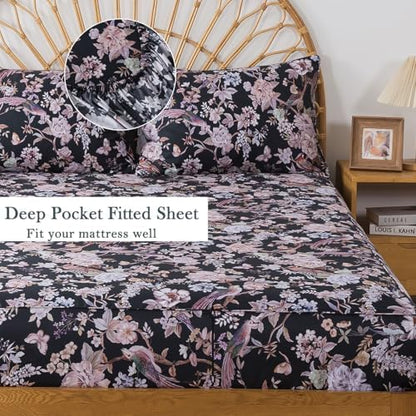 FADFAY King Sheet Set,4-Piece 100% Cotton, Vintage Black Floral & Bird Print Bedding, Deep Pocket Fitted Sheet, Soft & Breathable for All Seasons