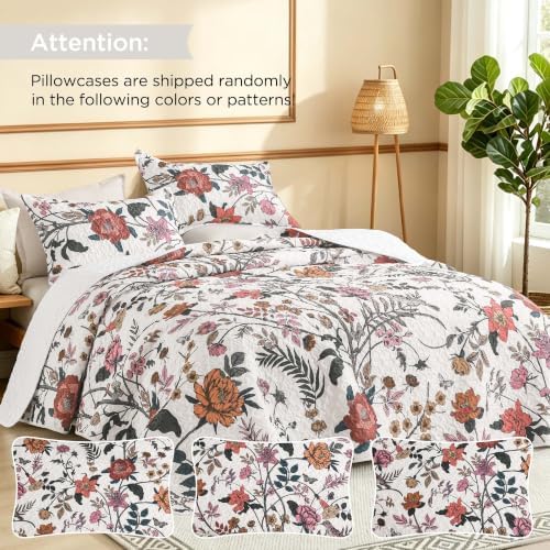 Litanika Floral White Quilt Queen - 3Pcs Botanical Birds Bed Set