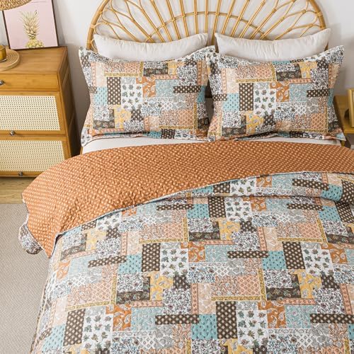HoneiLife Queen Size Quilt Set - 3 Piece Microfiber Quilts Reversible Bedspreads Patchwork Coverlets Paisley Bedding Set for Queen Beds