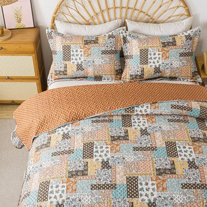 HoneiLife Queen Size Quilt Set - 3 Piece Microfiber Quilts Reversible Bedspreads Patchwork Coverlets Paisley Bedding Set for Queen Beds
