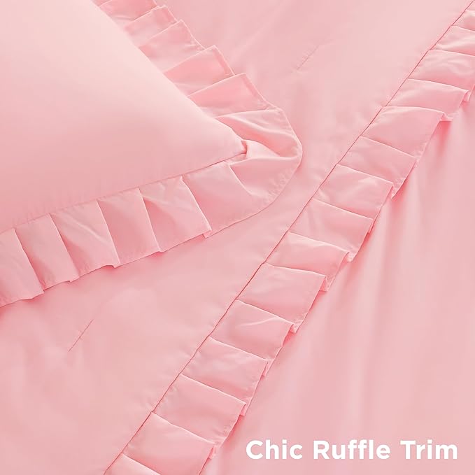 Litanika Pink King Size Comforter Set, 3 Pieces Ruffle Farmhouse Aesthetic Bedding Comforter Set, All Season Soft Lightweight Fluffy Microfiber Bed Set(104x90In Comforter, 2 Pillowcases)