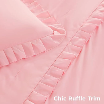 Litanika Pink King Size Comforter Set, 3 Pieces Ruffle Farmhouse Aesthetic Bedding Comforter Set, All Season Soft Lightweight Fluffy Microfiber Bed Set(104x90In Comforter, 2 Pillowcases)
