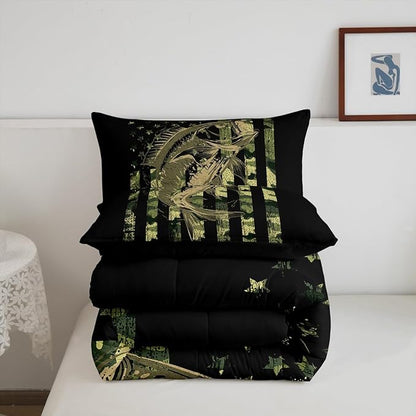Feelyou Bass Fish Comforter Set Twin Size Fisherman Camouflage Bedding Set Pike Fish Camo American Flag Comforter for Women Men Fsihing Lover Room Farmhouse Fishing Bed Set Wild Quilted Set 2Pcs