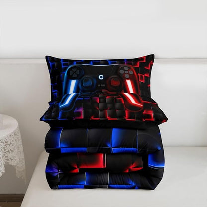 Erosebridal Kids Gaming Comforter Sets Boys King Geometric Gamer Comforter Neon Lights Red Indigo Blue Game Console Teen Boy Bedding Set 3D Ombre Checkered Gamepad Decor Quilt Duvet for Game Room