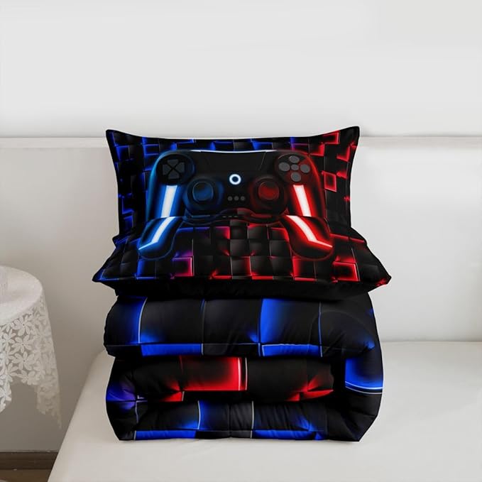 Erosebridal Kids Gaming Comforter Sets Boys Full Geometric Gamer Comforter Neon Lights Red Indigo Blue Game Console Teen Boy Bedding Set 3D Ombre Checkered Gamepad Decor Quilt Duvet for Game Room