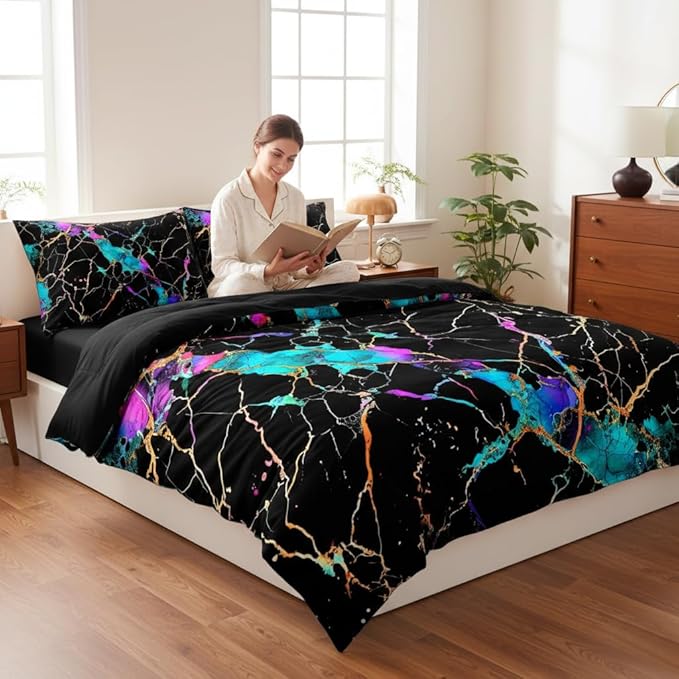Black Comforter Set King Size, Abstract Marble Bedding Sets with Neon Gardient Texture, 3Pcs Soft Microfiber Quilted Comforter for All Season, 104"x90"