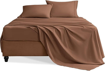 King Size Sheets Set, 4 Pieces Hotel Luxury Soft Microfiber Bed Sheets Set, Up to 16" Deep Pockets, Oeko-Tex Sheets with Elastic, Breathable, Wrinkle Free (Brown,King)