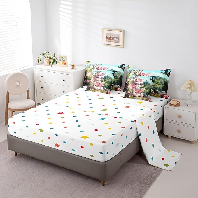 7 Pieces Full Size Cute Girly Dragon Comforter Set,Vintage Mid-Century Castle Bedding Set for Girls,Magical Fantasy Wildlife (Comforter+Fitted+Flat Sheet+2 Pillowcases+2 Throw Pillow Covers